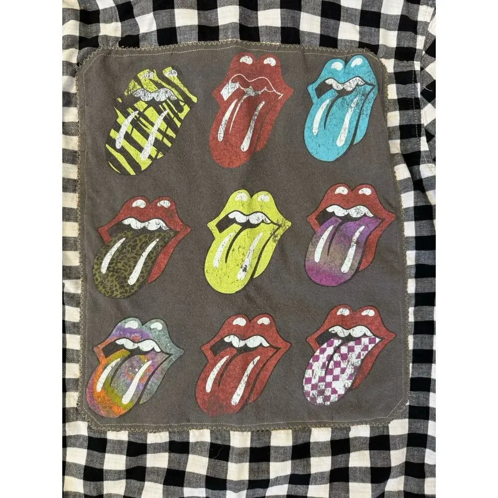 ROLLING STONES 70s Rock Retro Vintage Upcycled Plaid Flannel Kids Shirt L 10/12